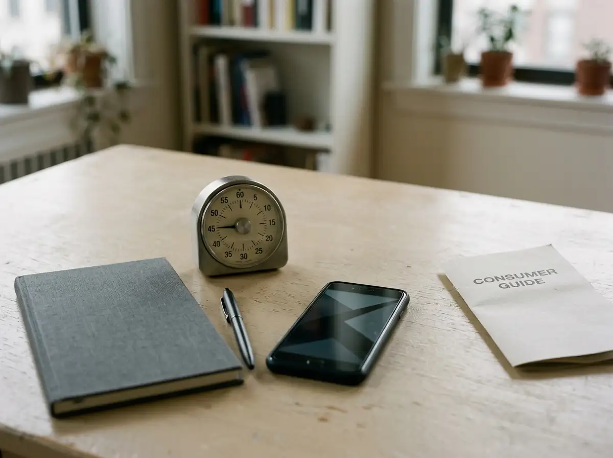 A plain notebook and timer beside a smartphone with an abstract blank display on a desk