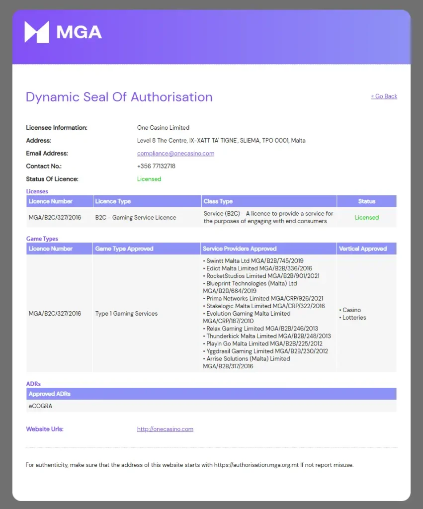 A public gaming-authorisation register showing an operator name, licence reference and website