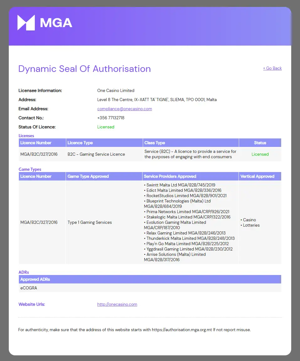 A public gaming-authorisation register showing an operator name, licence reference and website