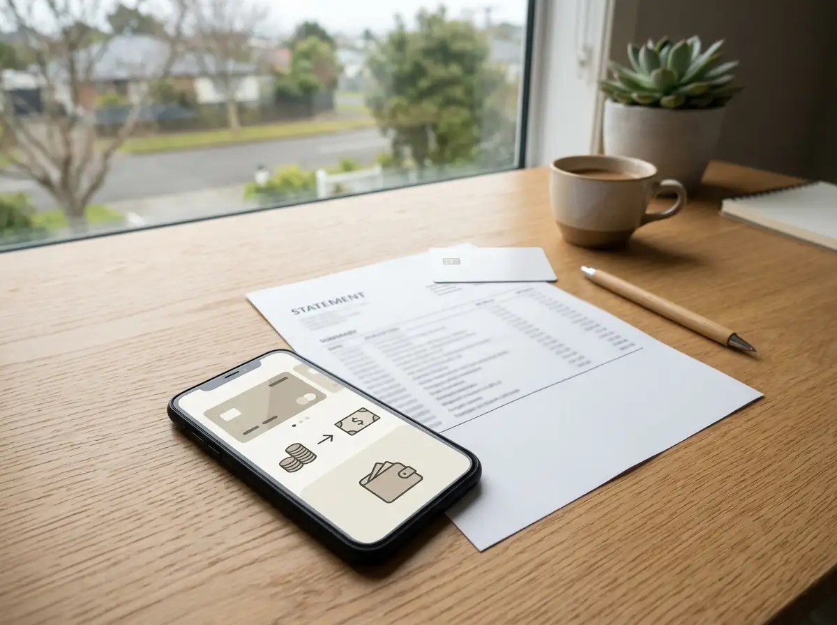 Unbranded bank card, paper statement and mobile wallet illustration resting on a desk