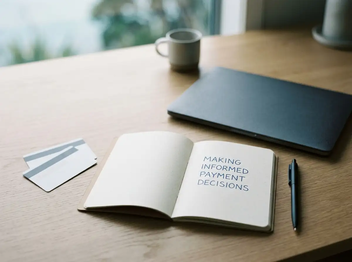 Payment cards beside a notebook and a closed laptop on a timber desk
