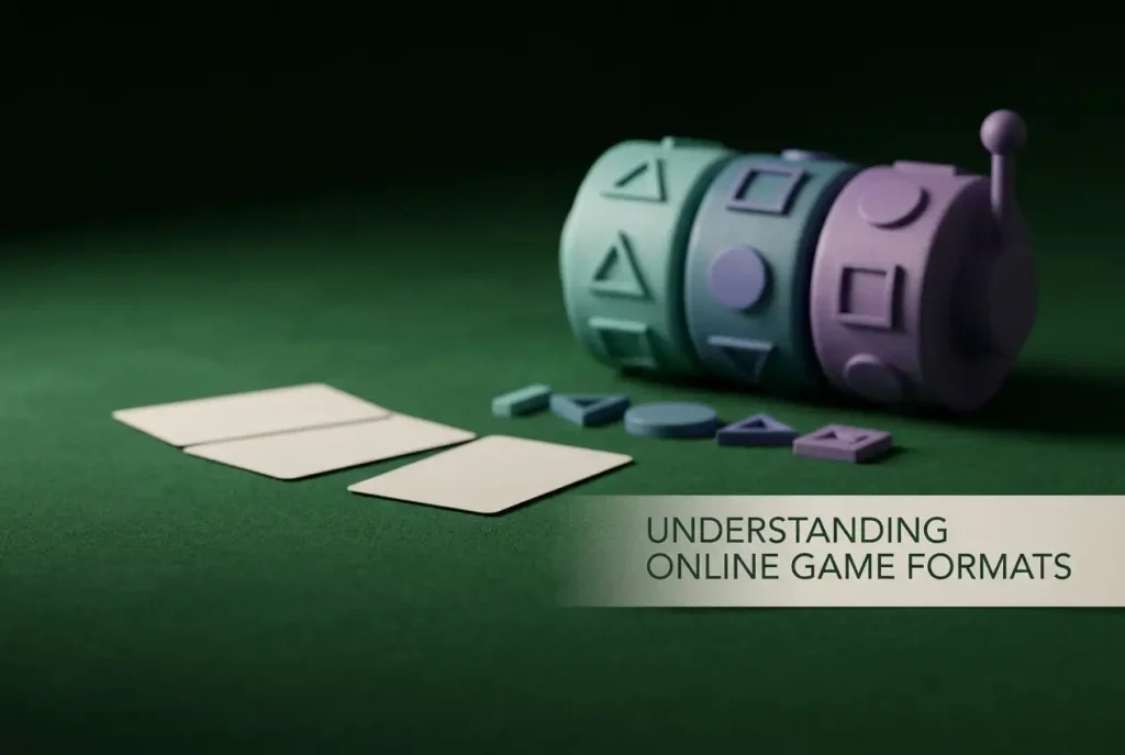 Abstract coloured slot reels beside a neutral felt tabletop and unmarked playing-card shapes
