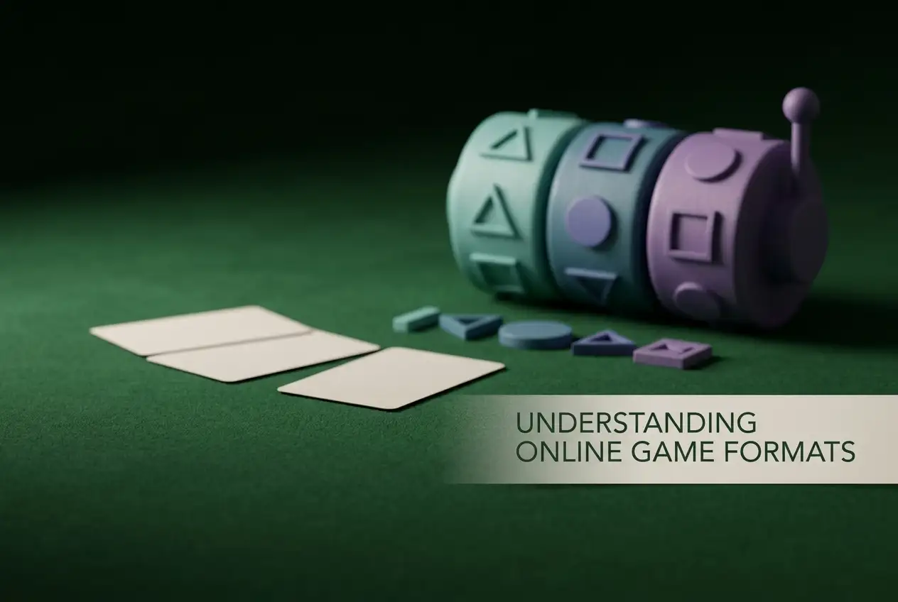 Abstract coloured slot reels beside a neutral felt tabletop and unmarked playing-card shapes