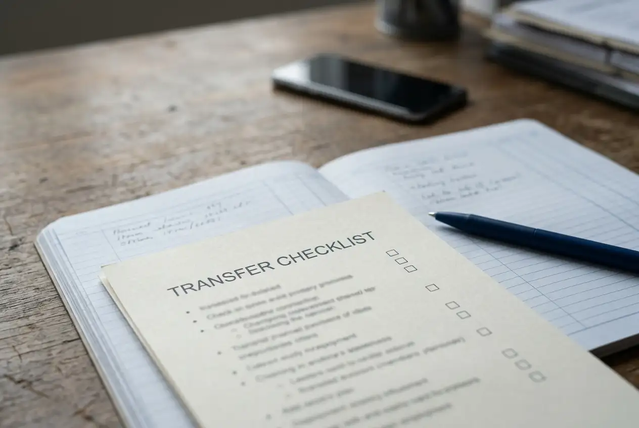 Paper transfer checklist, neutral bank record and pen arranged on a wooden desk